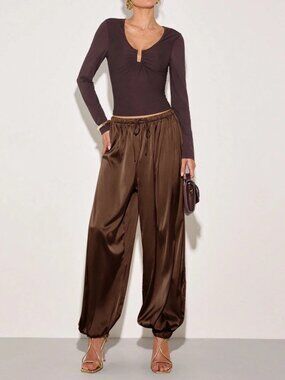 Brown Satin Harem Pants with Drawstring Waist & Cuffed Ankles